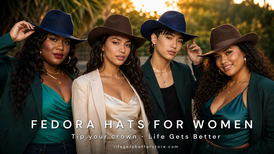 Diverse body-positive models including a plus-size Black woman, Latina trans woman, feminine-presenting Asian man, and Polynesian woman wearing Life Gets Better wool fedora hats
