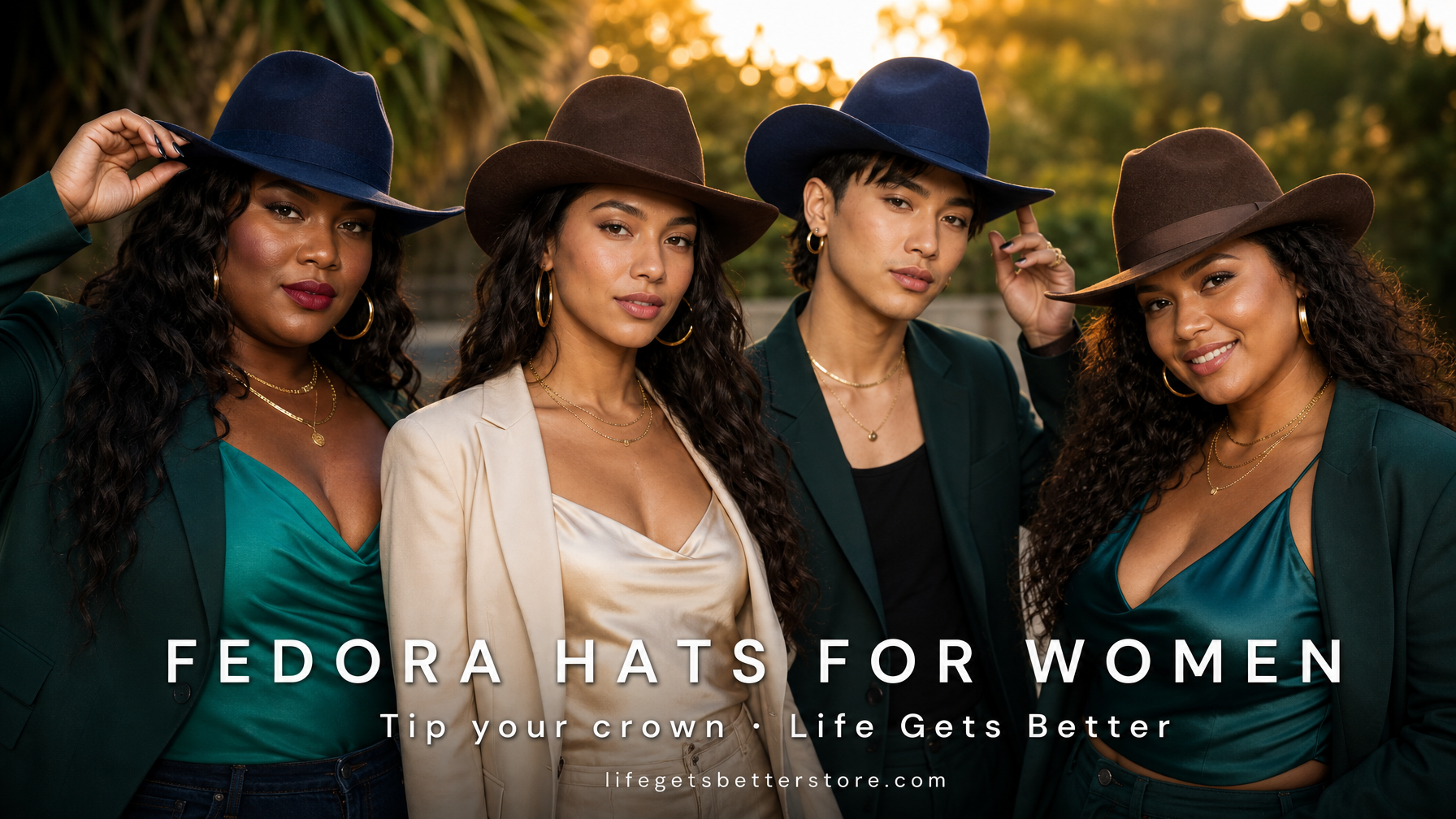 Diverse body-positive models including a plus-size Black woman, Latina trans woman, feminine-presenting Asian man, and Polynesian woman wearing Life Gets Better wool fedora hats