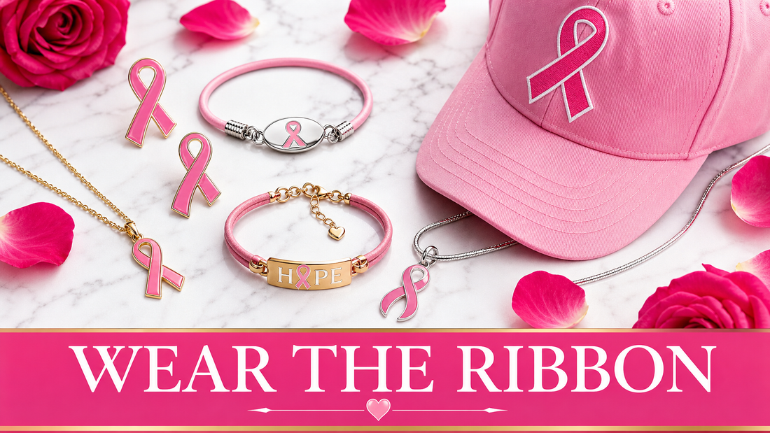 Breast cancer awareness pink ribbon products flat lay - bracelets, pins, necklaces on white marble