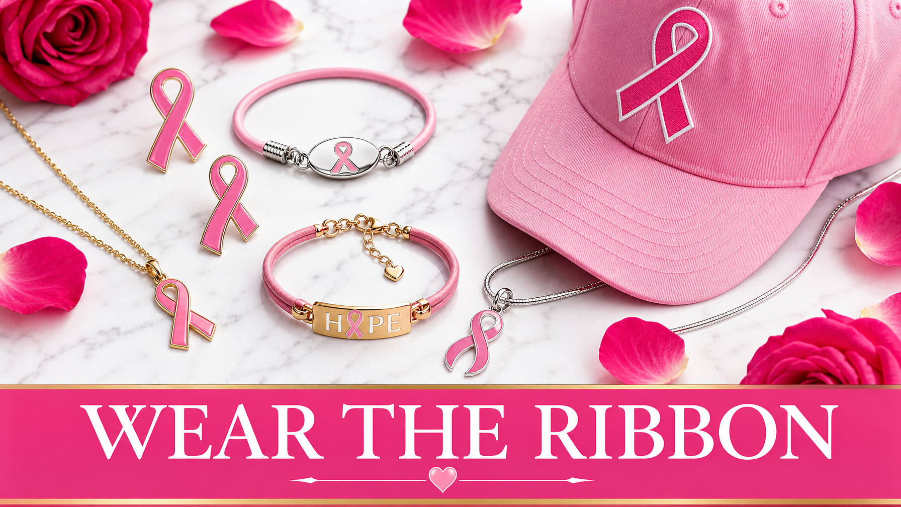 Breast cancer awareness pink ribbon products flat lay - bracelets, pins, necklaces on white marble