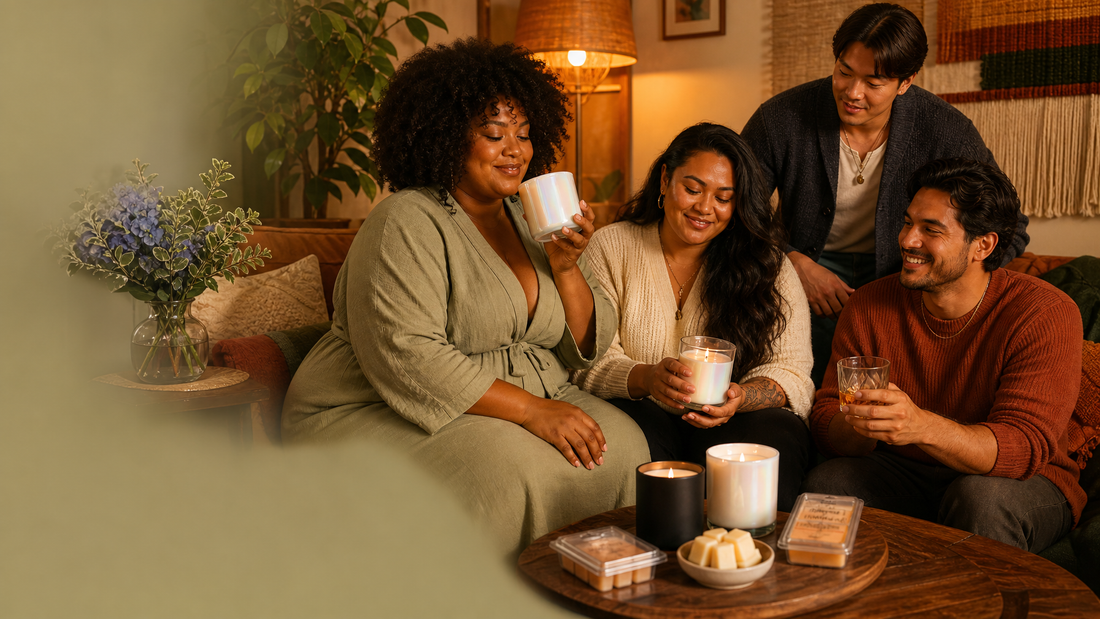 Diverse friends gathered in a cozy living room with soy candles and wax melts