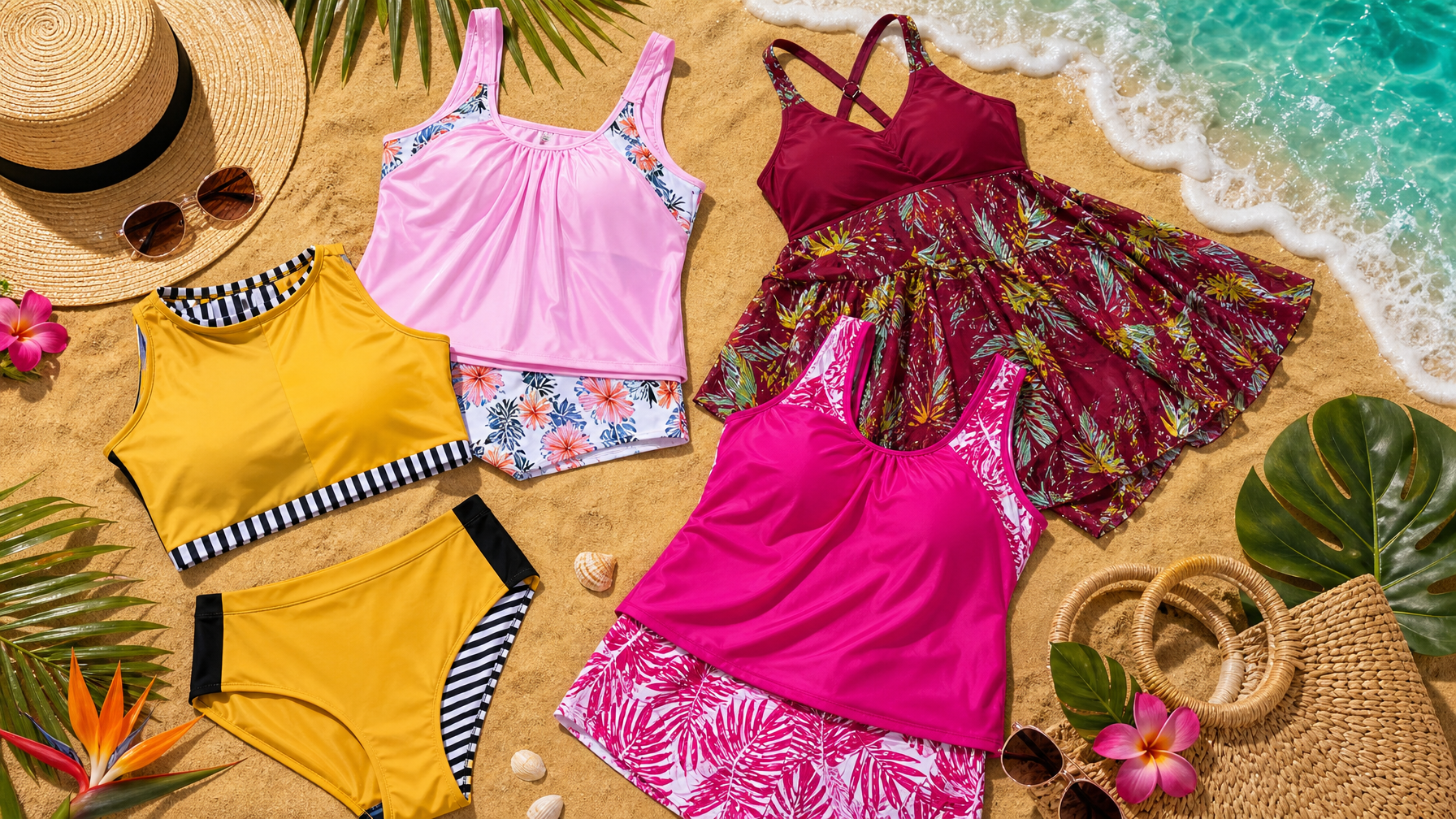 Colorful plus size swimwear flat lay on the beach with tankinis, high-waisted bikinis, and swim dresses. No models.