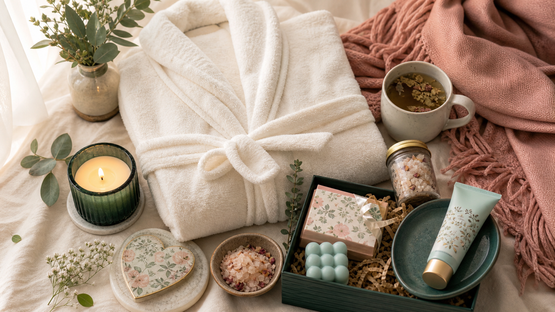 A beautiful self care gift set for women with spa robe, candle, throw blanket, and tea — Life Gets Better gift guide