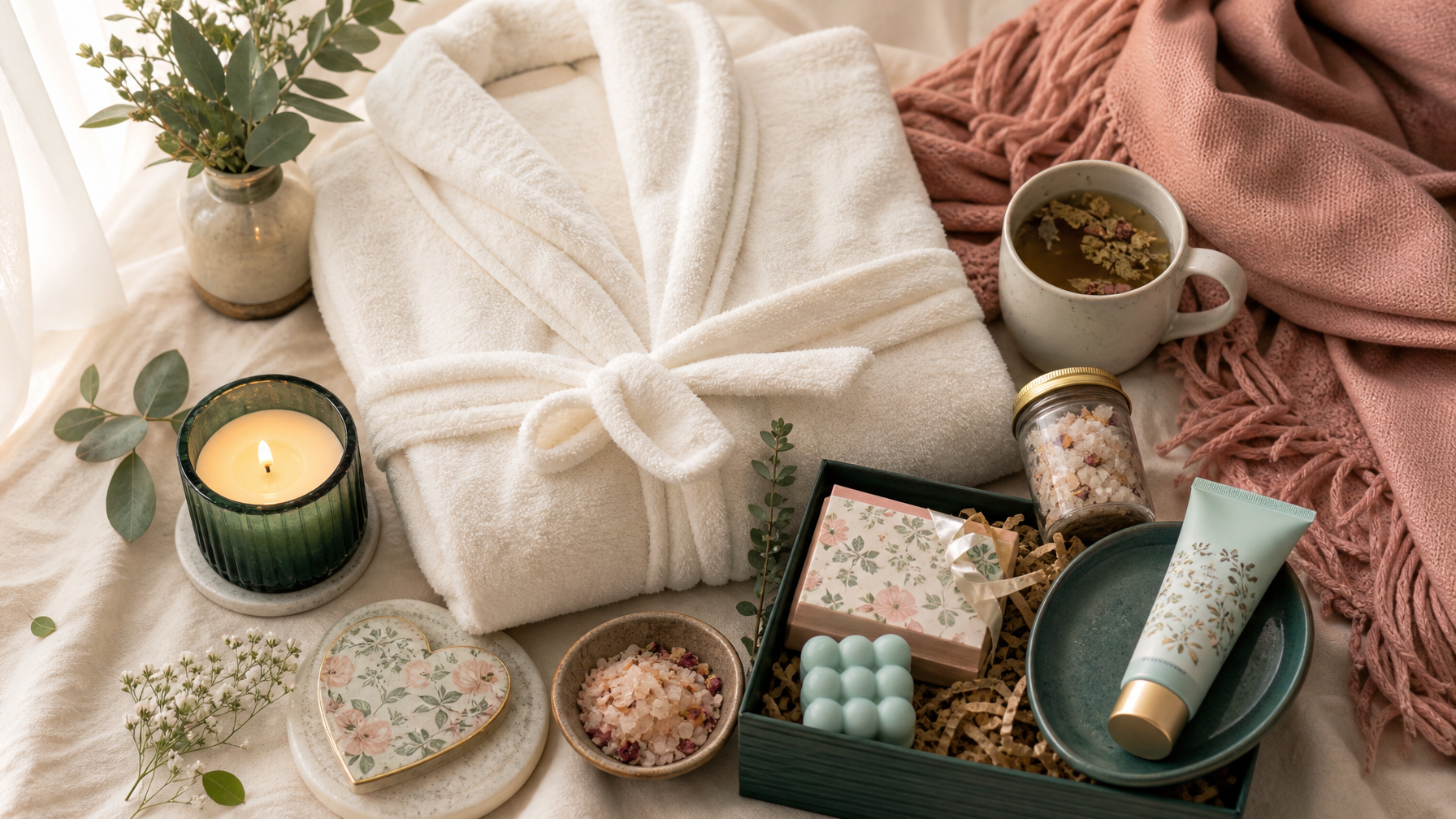 A beautiful self care gift set for women with spa robe, candle, throw blanket, and tea — Life Gets Better gift guide