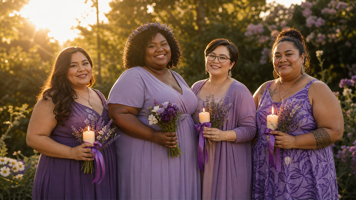 Diverse body-positive domestic violence survivors standing together in a sunlit garden, wearing purple tones and holding candles, Life Gets Better domestic violence survivor support guide
