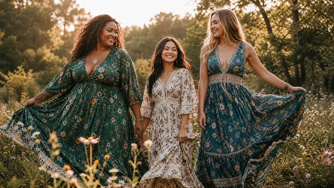 Diverse women of all body types twirling in colorful boho maxi dresses in a sun-drenched wildflower meadow — Life Gets Better bohemian style guide