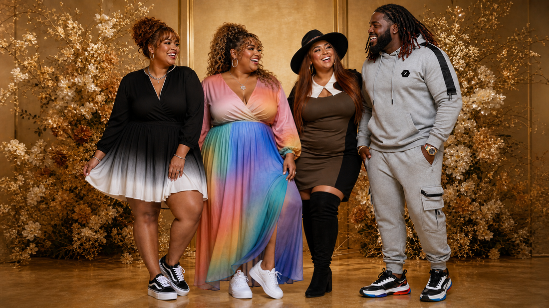 Four diverse plus size people wearing stylish outfits from Life Gets Better — body positive fashion editorial