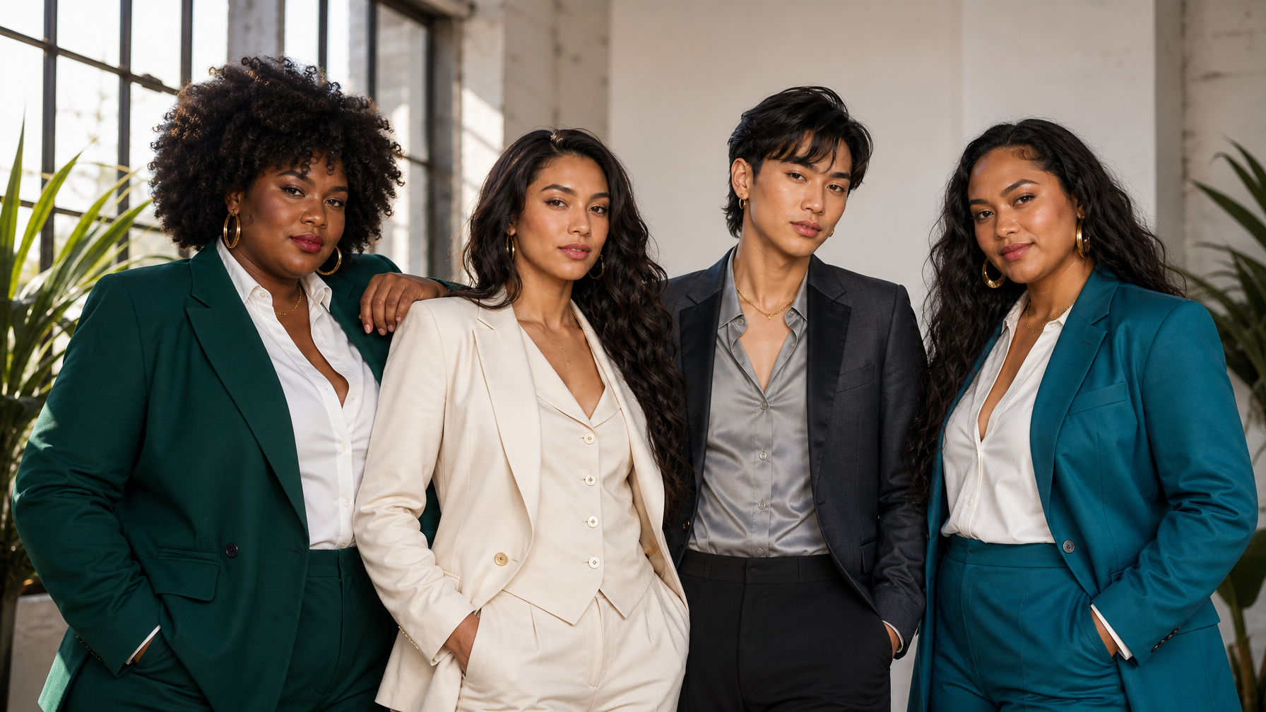 Diverse body-positive models including a plus-size Black woman, Latina trans woman, feminine-presenting Asian man, and Polynesian woman in tailored power-dressing blazers and suits
