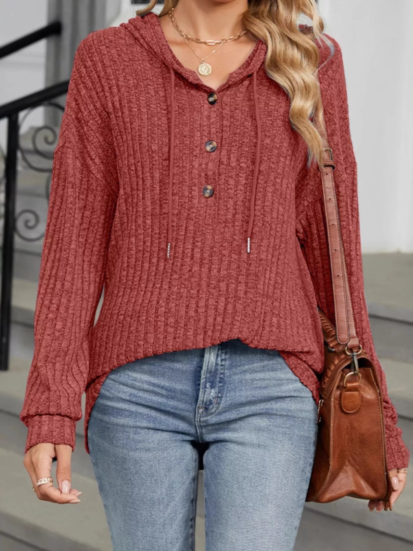 Women's Black Ribbed Knit Hoodie with Functional Button Detail