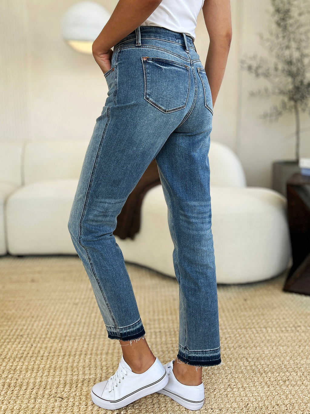 Judy Blue Full Size Mid Rise Rigid Jeans With Magic Release Hem For Women Size Down Friendly