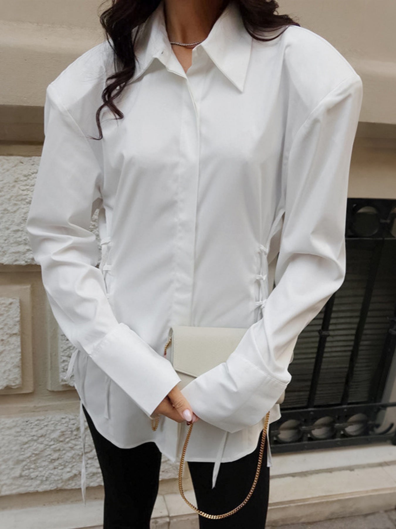 White Side Lace Up Button Up Shirt