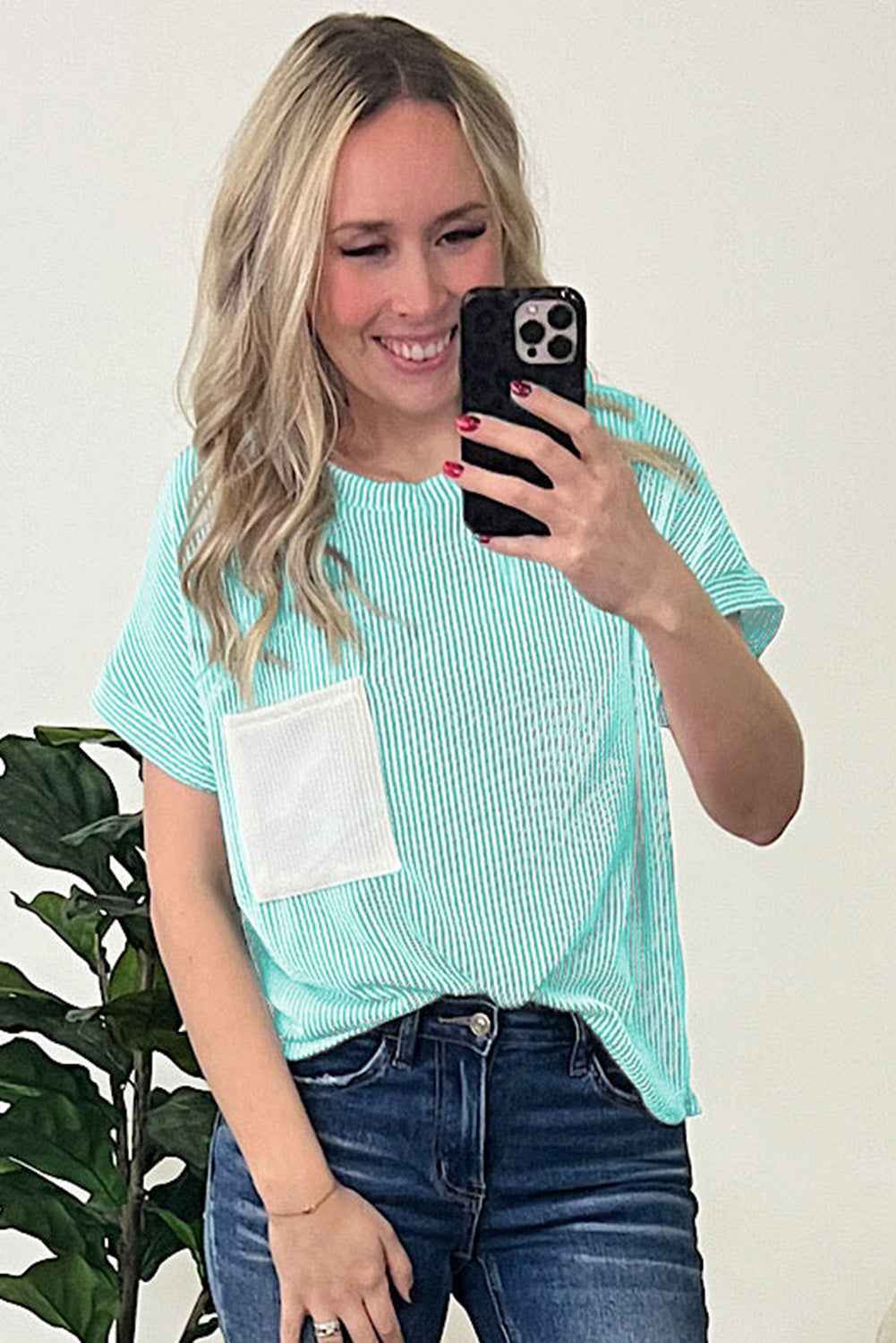 Light Blue Corded Color block Pocket Crew Neck Women's T-Shirt