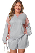 Light Grey Uneven Hem Colorblock Pullover Casual Shorts Plus Size 2pcs Outfit