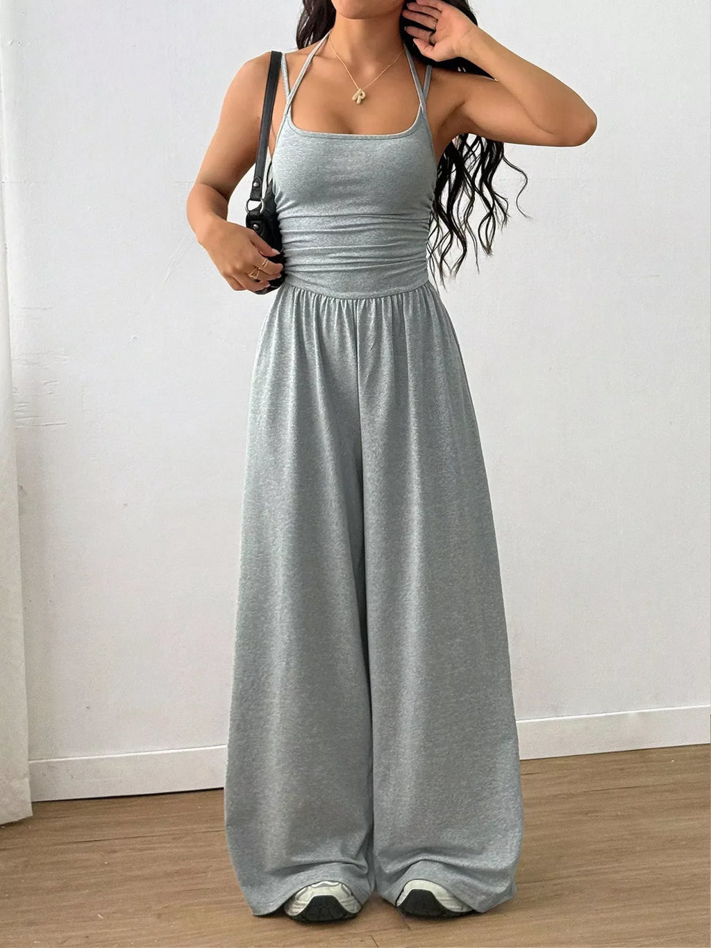 Women's Sleeveless Wide Leg Knit Jumpsuit in Grey and Brown