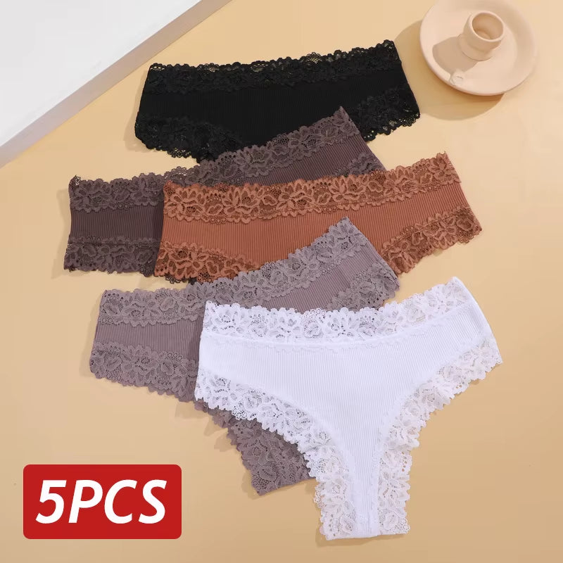 5Pcs/Set Women Lace Seamless Cotton Panties Sexy Brazilian Pants Ribbed Breathable Girls Underwear Soft plus Size Lingerie S-XL