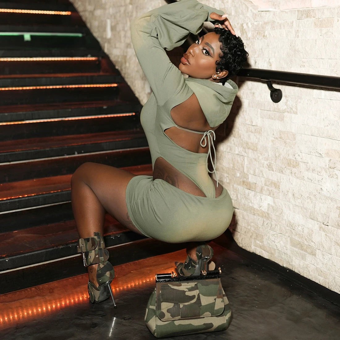Women's Sexy Backless Hooded Jumpsuit Drawstring Bag Hip Skirt