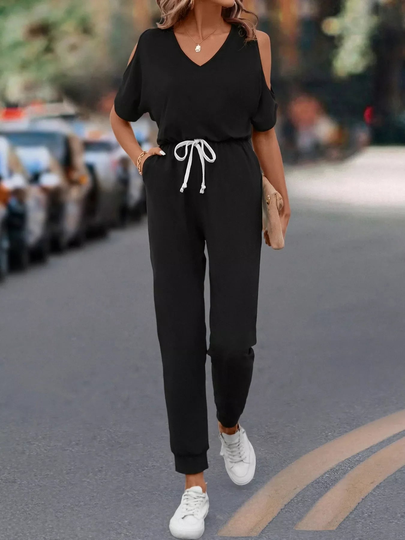 Women's Cold Shoulder V-Neck Jumpsuit – Pocketed Stretch Fit