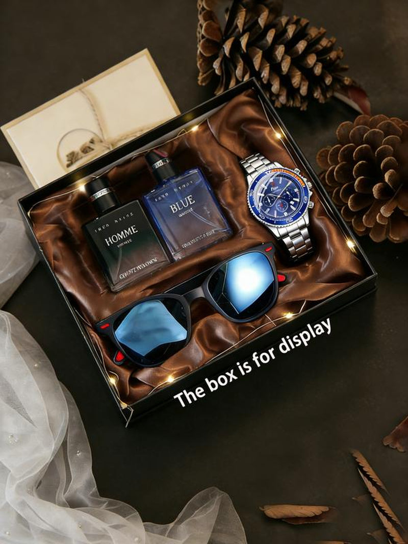 5Pcs Watch Set, Cool Stainless Steel Quartz Watch + Perfume + Decorative Glasses, Multiple Colors Available, Perfect Birthday Gift