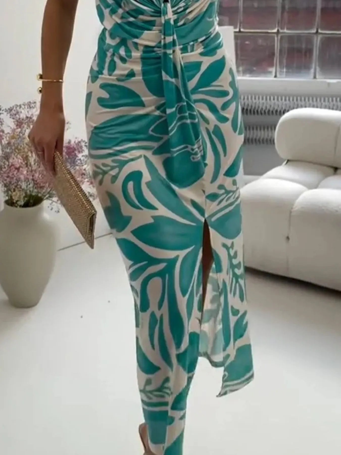 Full Size Slit Printed V-Neck Midi Dress for Plus Size Women - Stylish Plus Size Midi Dress