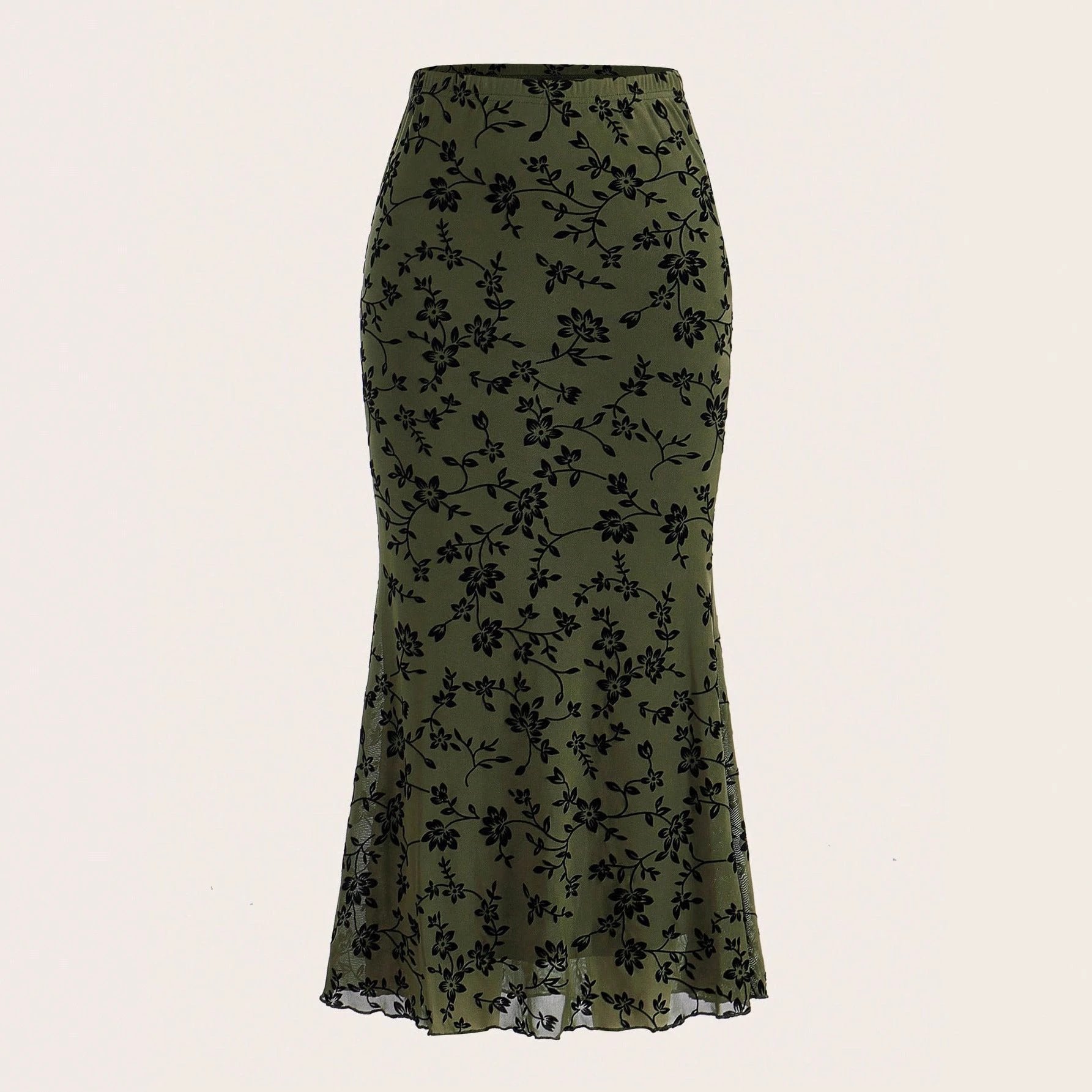 Dark Green Floral Half-length Fishtail Skirt For Women