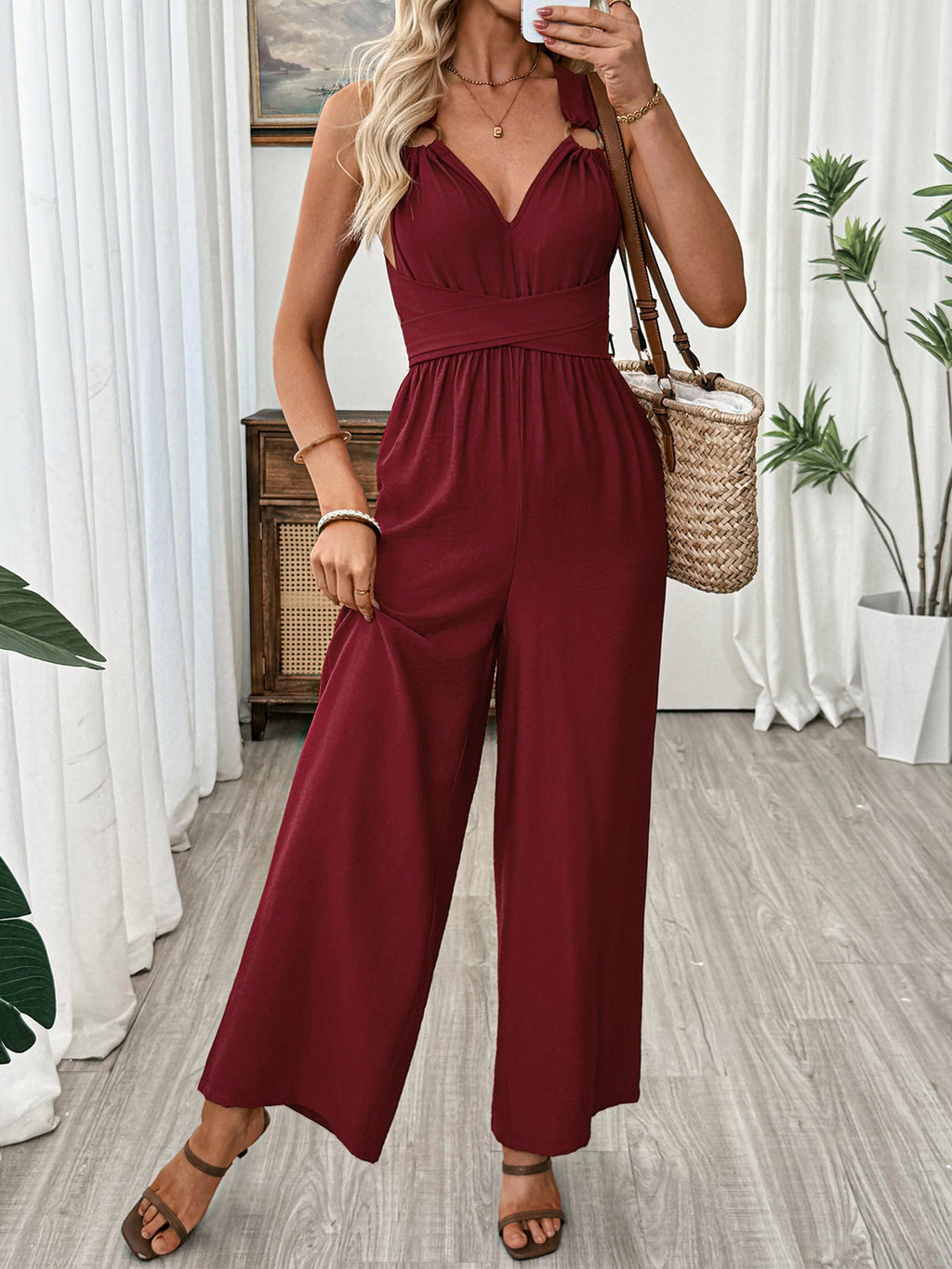 Women's Deep Red V-Neck Sleeveless Wide Leg Crisscross Jumpsuit