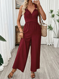 Women's Deep Red V-Neck Sleeveless Wide Leg Crisscross Jumpsuit