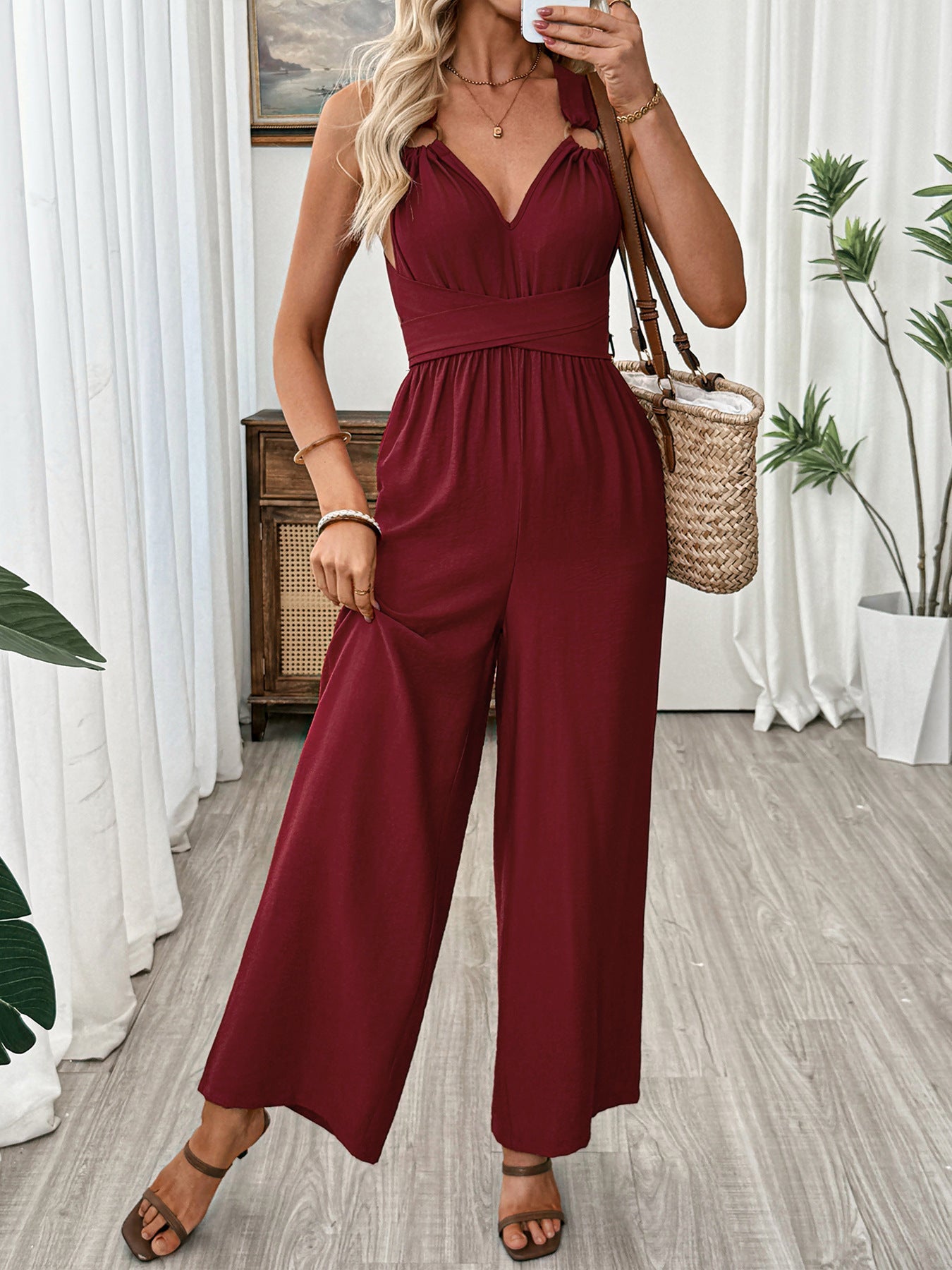Women's Deep Red V-Neck Sleeveless Wide Leg Crisscross Jumpsuit