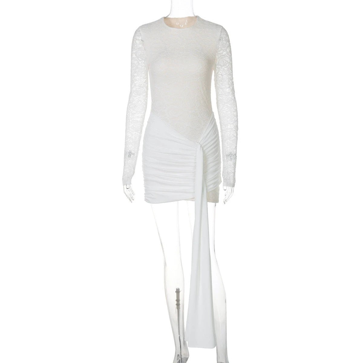 European And American Sexy Round Neck Lace Stitching Long Sleeve Slim Fit Dress