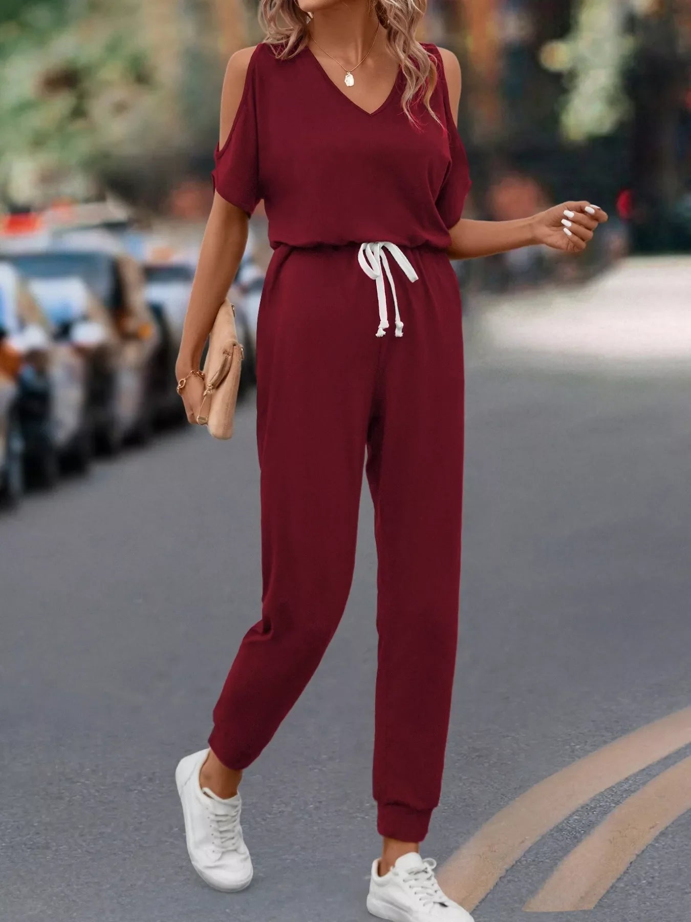 Women's Cold Shoulder V-Neck Jumpsuit – Pocketed Stretch Fit
