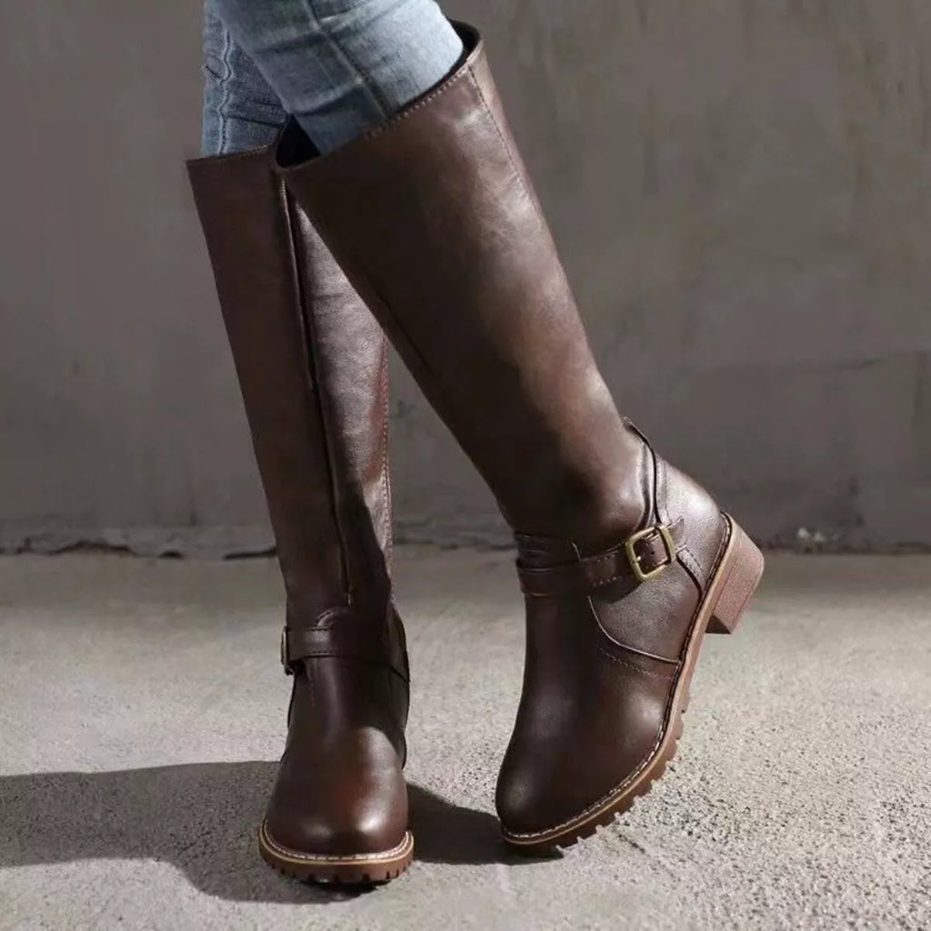 Women's Round Toe Knee High Buckle Boots Low Heel Fashion