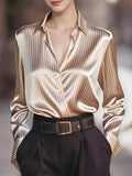 Women's Satin Striped Long Sleeve Button-Down Shirt
