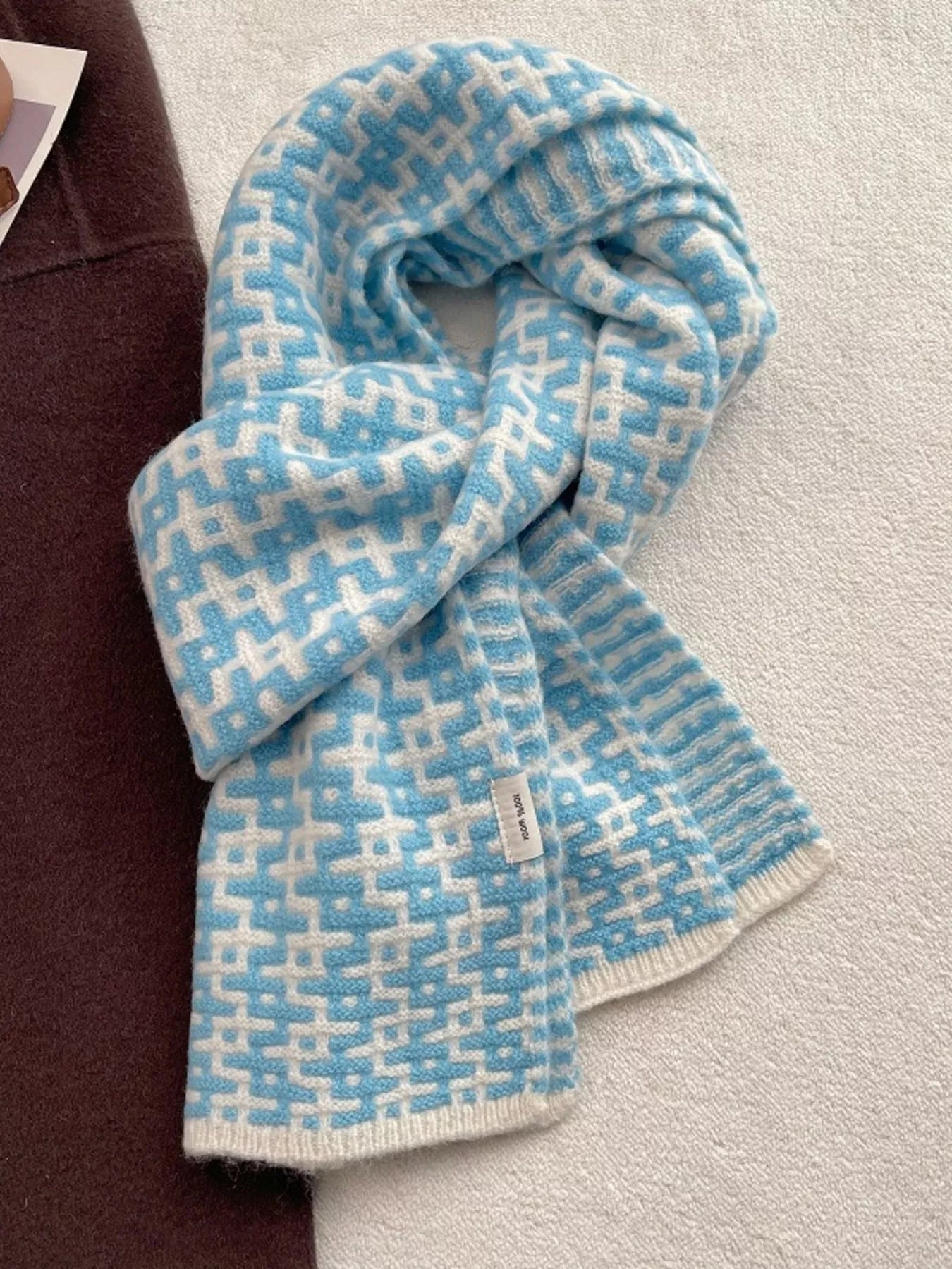 Wool Geometric Pattern Knitted Scarf Soft Winter Accessory