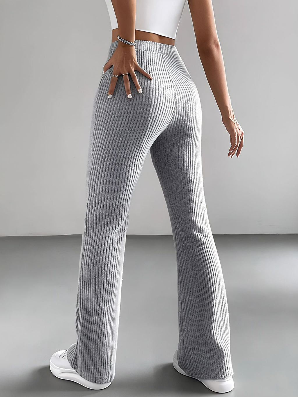 Women's High Waist Ribbed Knit Flare Pants Comfortable Casual