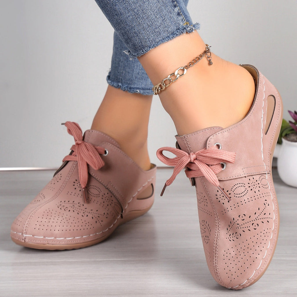 Women's Black Lace-Up Slip-On Mules Casual Comfort Wedge Shoes