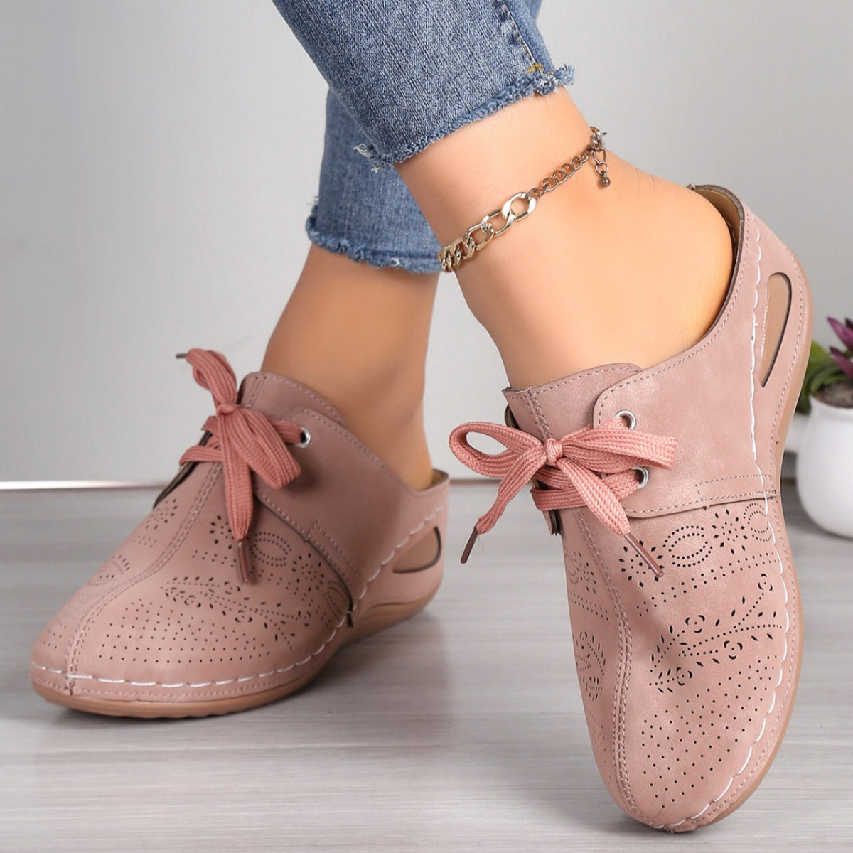 Women's Black Lace-Up Slip-On Mules Casual Comfort Wedge Shoes