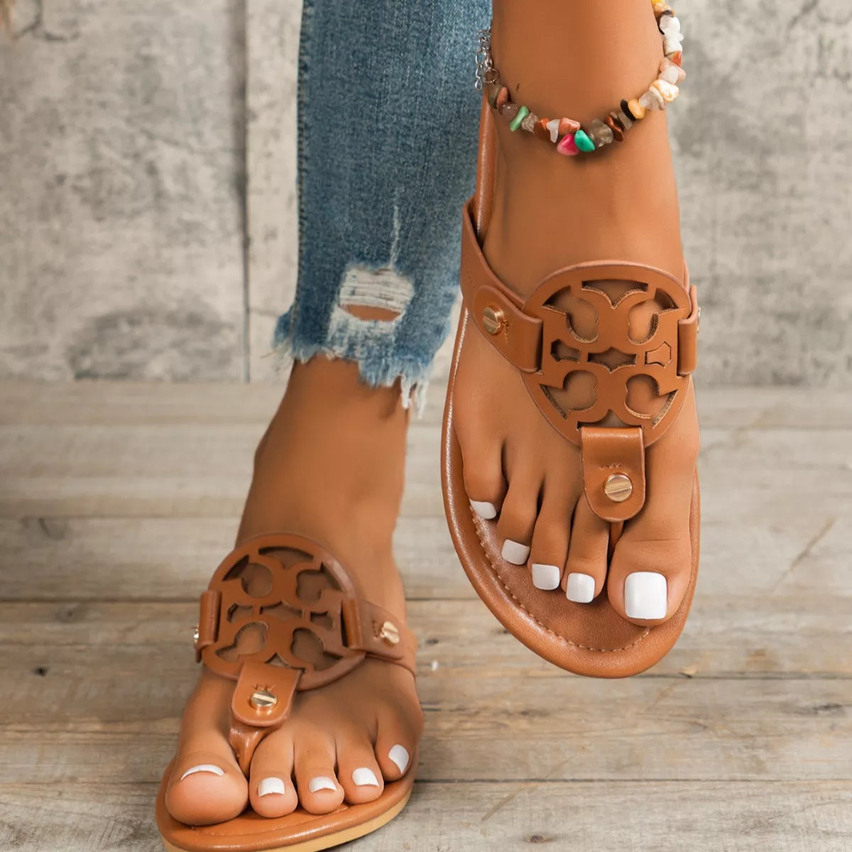 Women White Toe Post Flat Sandals Open Cutout Casual Summer Shoes