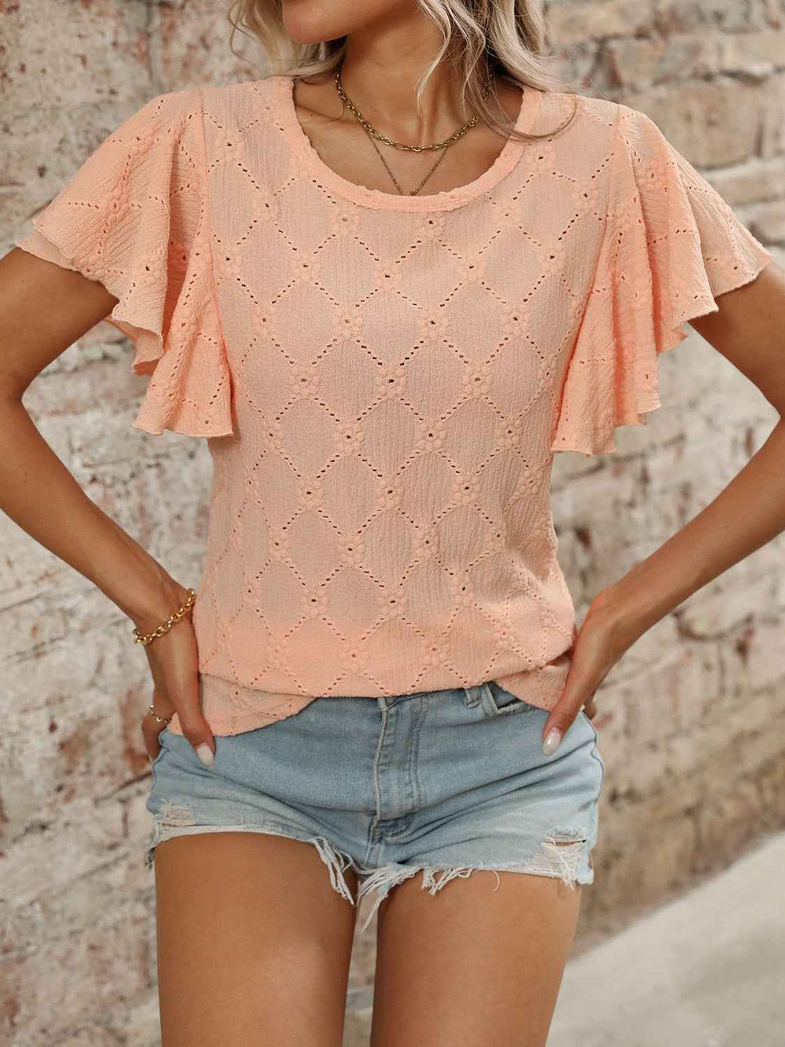 Eyelet Flutter Sleeve Round Neck Top