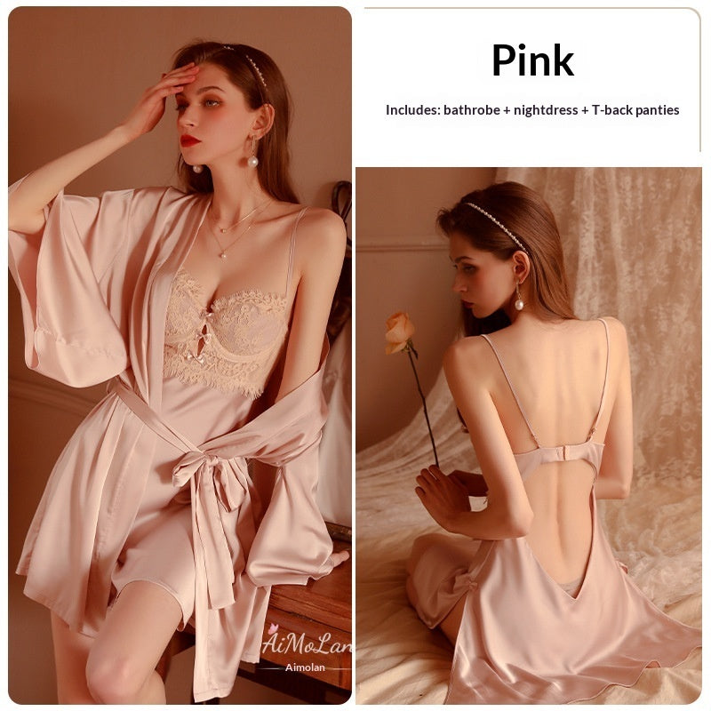 Womens Plus-Size Lace Ice Silk Underwire Camisole Bathrobe Set See size chart under “more details”