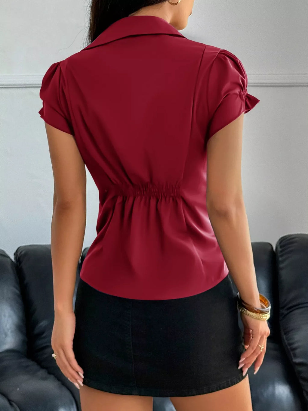 Women's Burgundy Ruffle Sleeve Button Down Shirt with Pockets