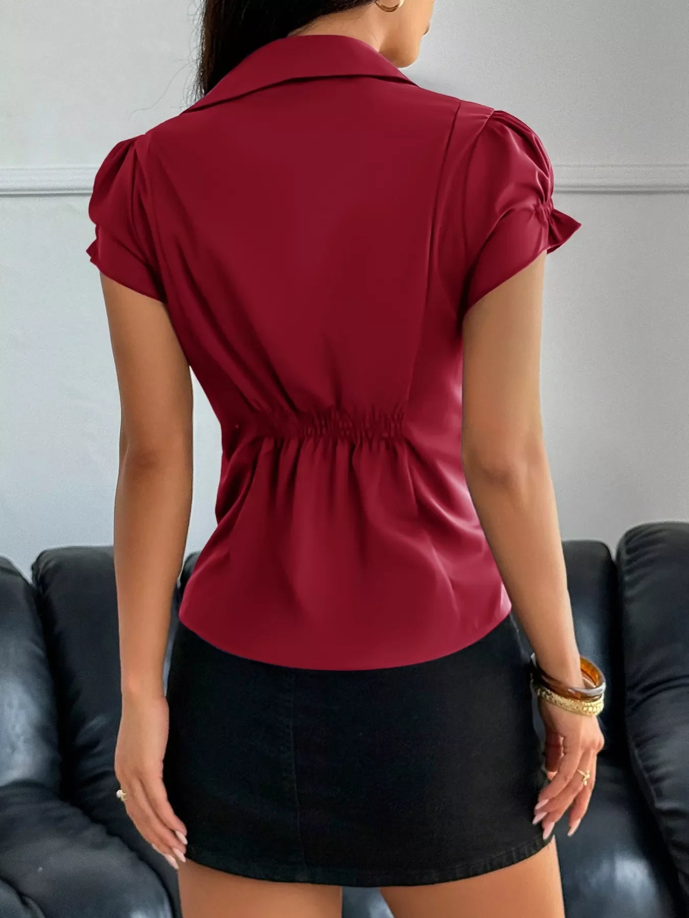 Women's Burgundy Ruffle Sleeve Button Down Shirt with Pockets