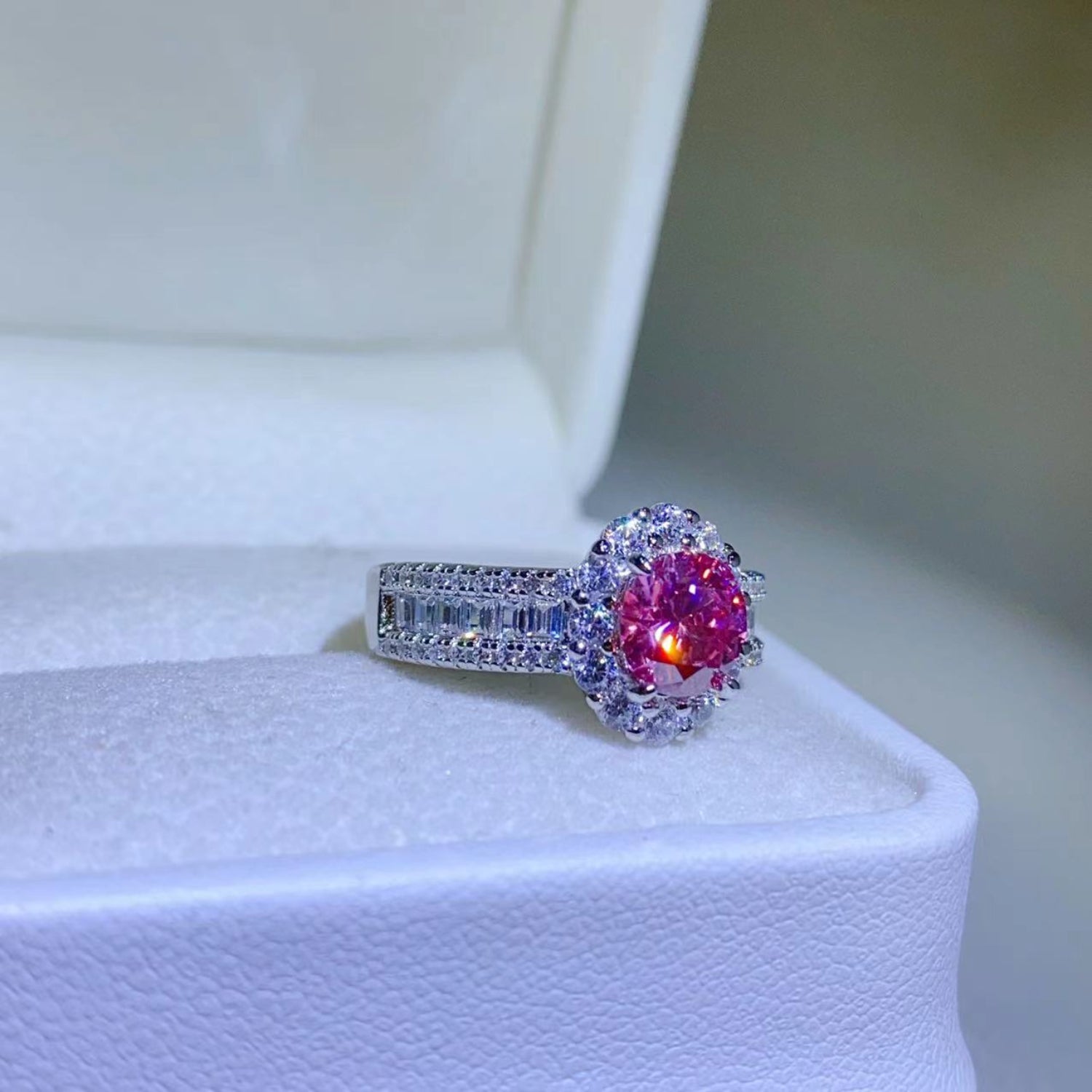 1 Carat Fuschia Red Sparkala™ Pure Sterling Silver Halo Ring