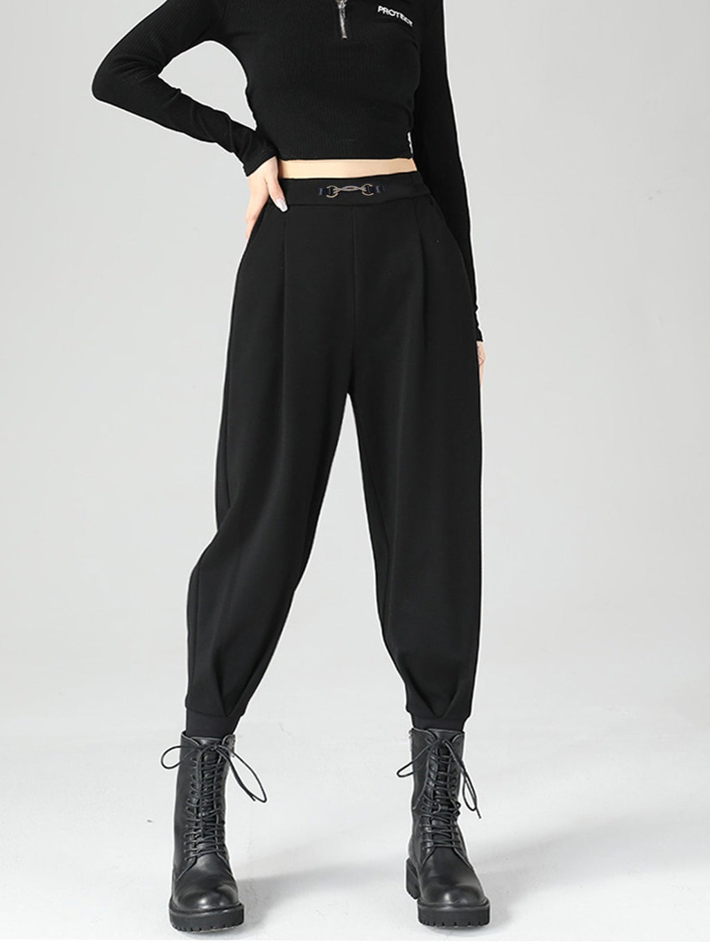 Women High-Waisted Buckle Detail Tapered Pants in Black