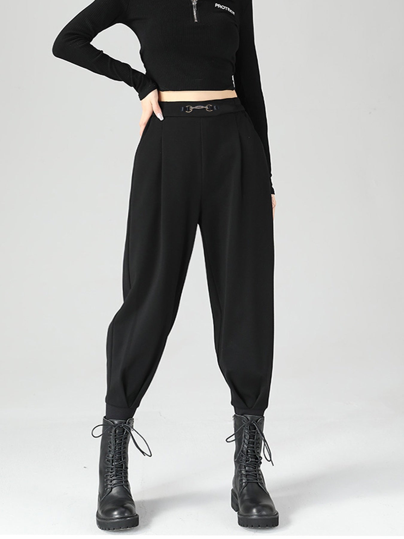 Women High-Waisted Buckle Detail Tapered Pants in Black