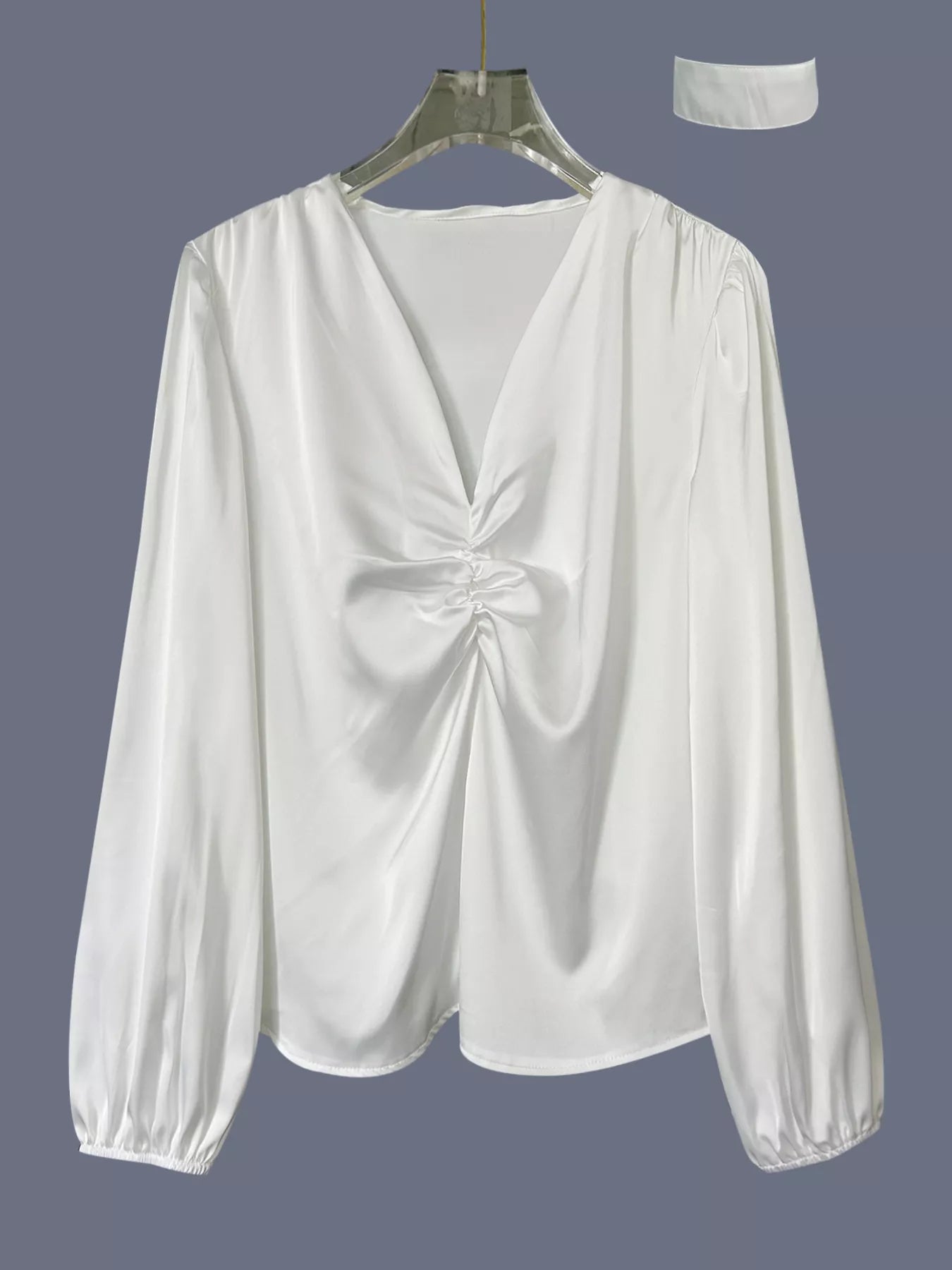 White Long Sleeve V-Neck Blouse with Ruched Front Detail