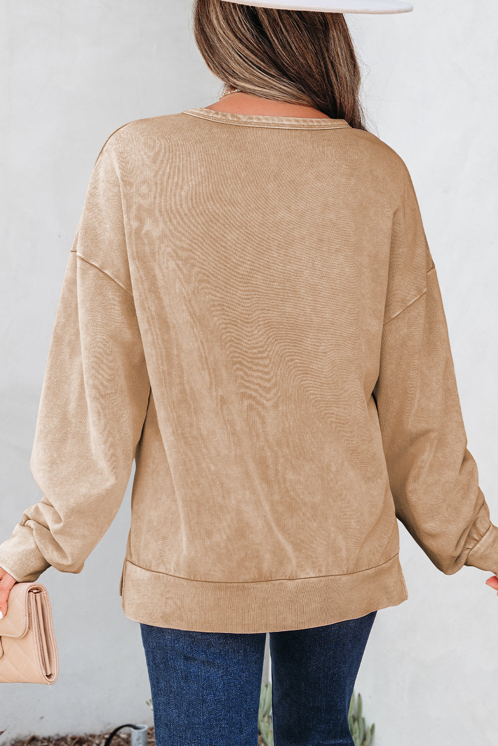 Light French Beige Mineral Wash Big Bow Patchwork Pullover Women's Sweatshirt