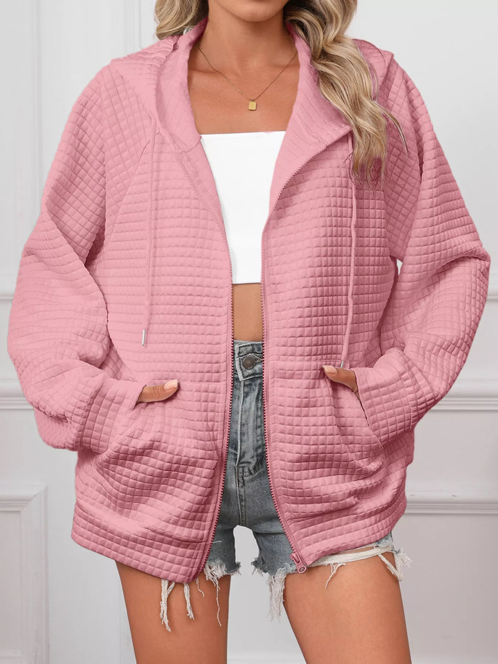 White Quilted Zip-Up Hooded Jacket with Drawstring