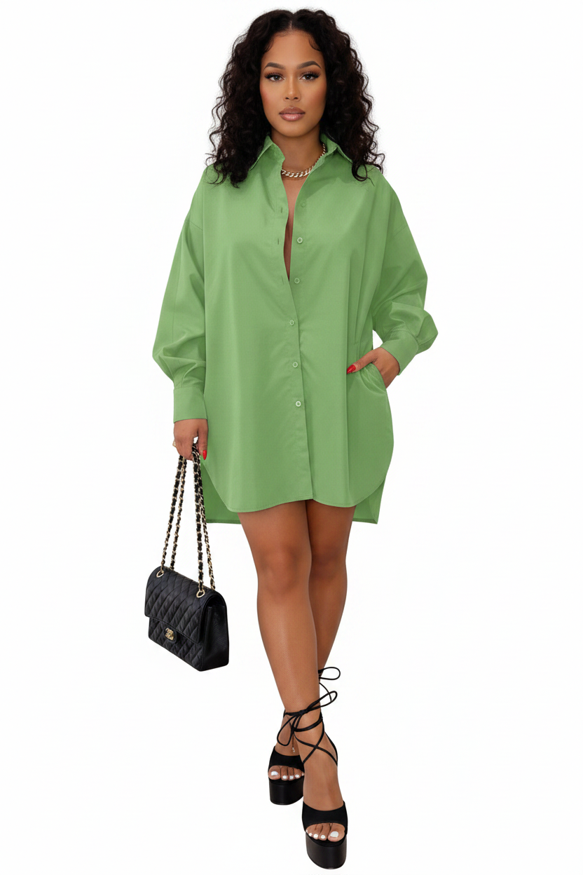 Green Long Sleeve Shirt Dress