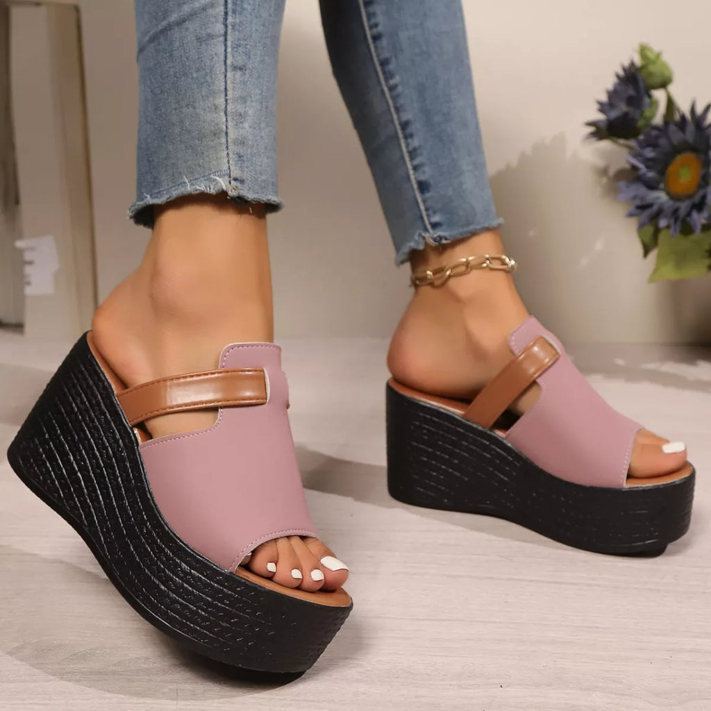 Women's Open Toe Platform Wedge Sandals PU Leather Slide Heels