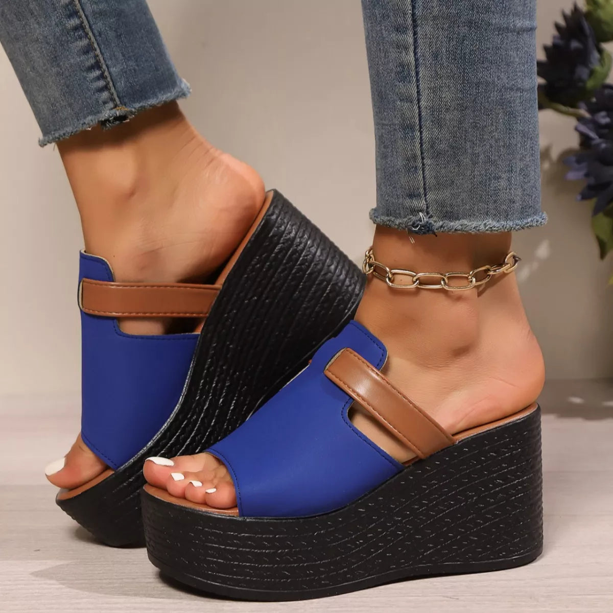 Women's Open Toe Platform Wedge Sandals PU Leather Slide Heels