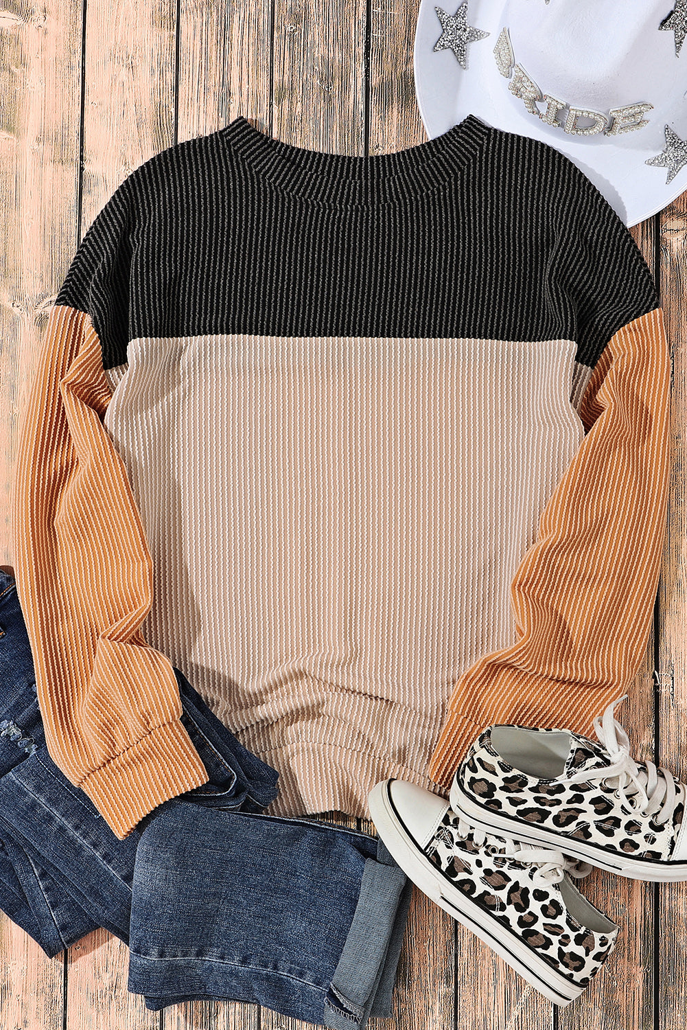 Khaki Color Block Long Sleeve Ribbed Loose Women's Top
